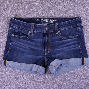 American Eagle Shorts Women 6 Midi Denim Dark Wash Cuffed Grungy Stretch Fit30x3